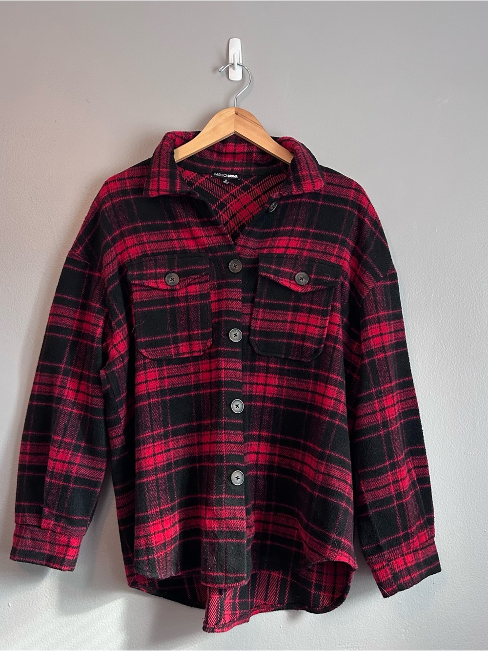 Fashion Nova Red and Black Plaid Utility Jacket